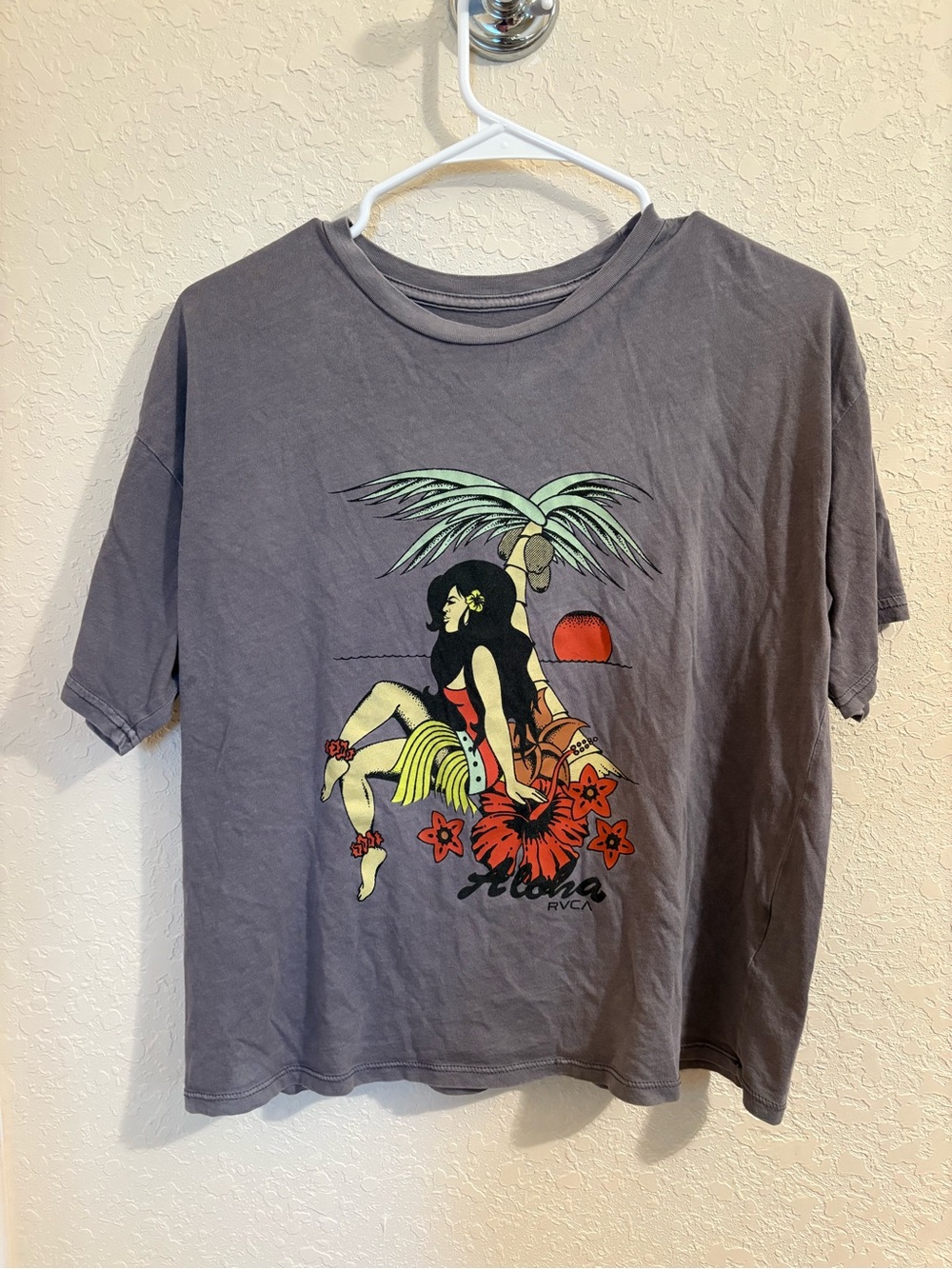 RVCA Charcoal Aloha Graphic Tee with Tropical Print